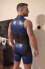 Joyglove Blue PU Leather & Mesh One-Piece Bodysuit, High Neck with Full Back Zipper