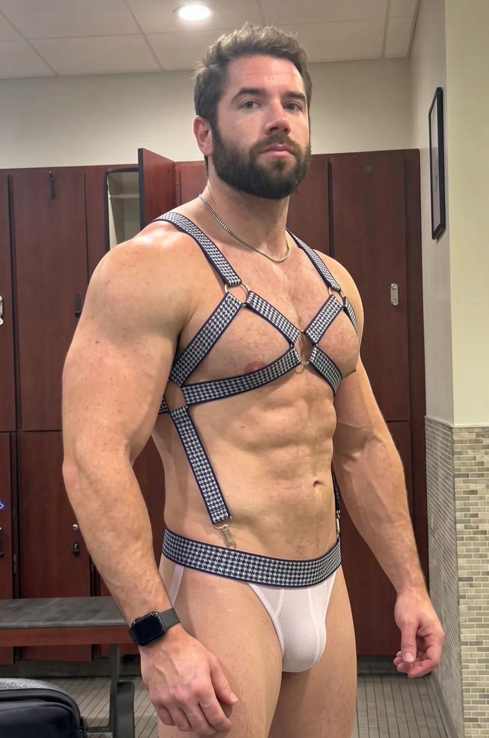 Joyglove Gingham Harness Jockstrap Set, X-Back O-Ring Straps + White Mesh Pouch + Open-Seat Back