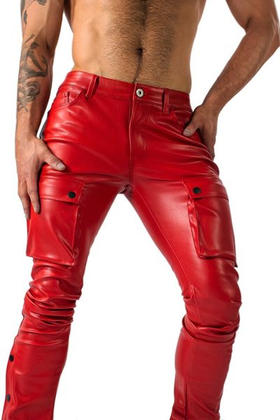 Joyglove Men's Red PU Leather Cargo Pants – Bold & Street-Ready Style