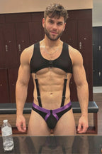 Joyglove Men's Transparent Leather Harness and Suspender Brief Set with Purple Trim