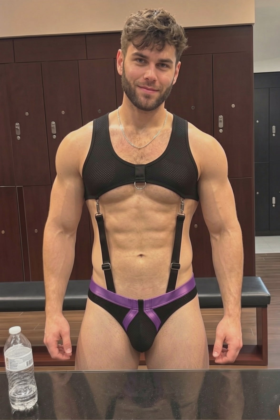 Joyglove Men's Transparent Leather Harness and Suspender Brief Set with Purple Trim