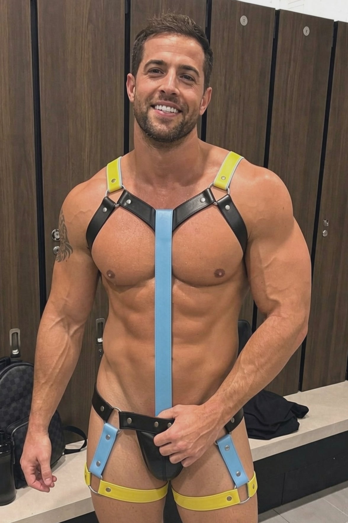 Joyglove Men's PU Leather Body Harness Set - Cyberpunk Tri-Color Light Blue & Yellow T-Strap Chest Harness with Matching Thigh Ring Jockstrap 2-Piece Rave Outfits