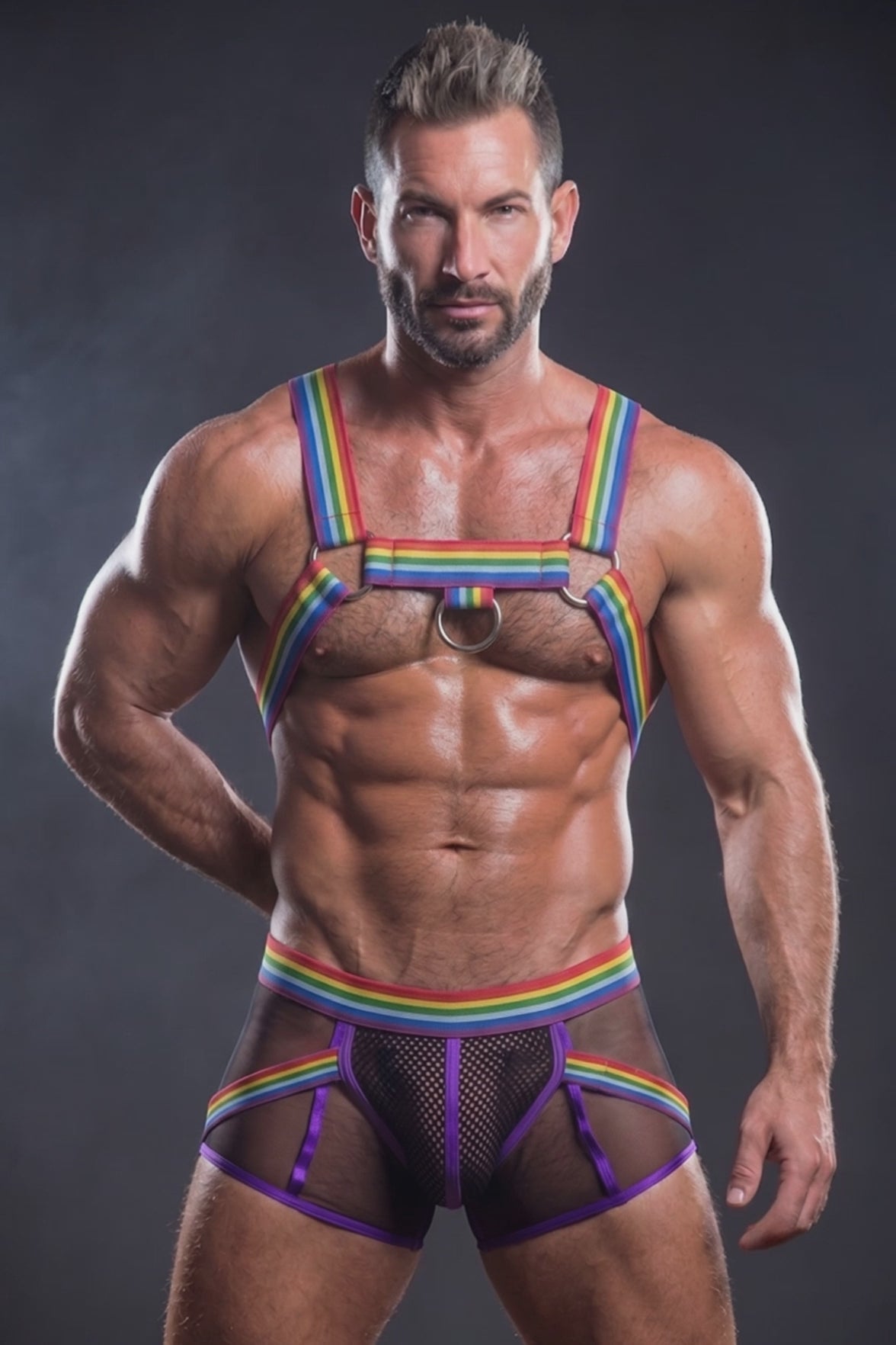 PRIDE Spectrum Men's Rainbow Elastic Harness & Mesh Jockstrap Set