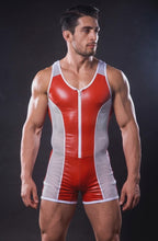 Men's PU Leather Bodysuit Singlet - Front Zip Mesh Patchwork Sleeveless Wrestling Leotard Festival Clubwear One-Piece