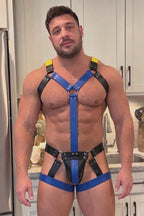 Joyglove Men's PU Leather Body Harness Set - Cyberpunk Tri-Color Royal Blue & Yellow Chest Straps with Matching Thigh Ring Bottoms 2-Piece Festival Outfits