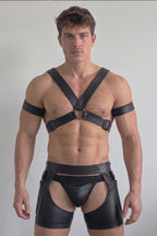 Joyglvoe Men's PU Leather Tactical Harness Set - Cross Chest Straps with Side Pocket Cargo Chaps & Independent Jockstrap 3-Piece Rave Outfits