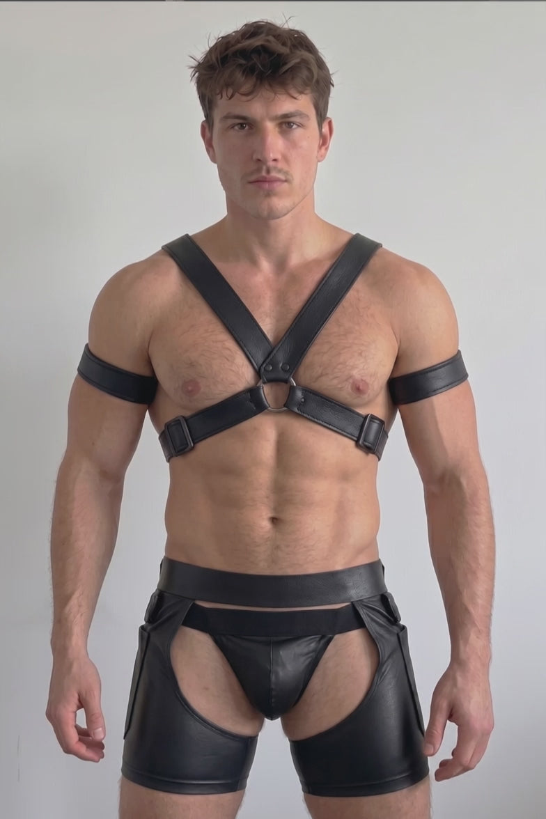 Joyglvoe Men's PU Leather Tactical Harness Set - Cross Chest Straps with Side Pocket Cargo Chaps & Independent Jockstrap 3-Piece Rave Outfits
