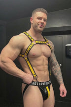 Joyglove Yellow & Black PU Leather Harness Set — Studded Chest Strap Structure + Jockstrap Design for Club & Fetish Wear