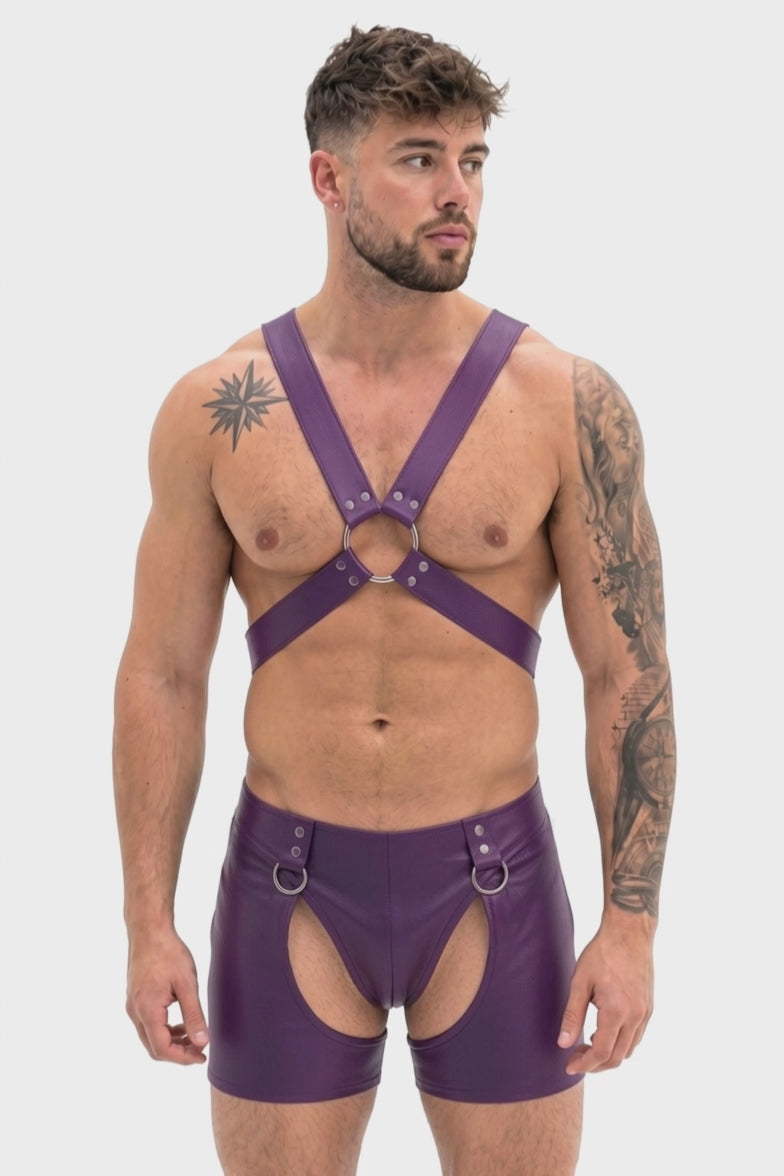 Joyglove Men's Purple Leather Harness Set – Adjustable Chest Harness & Strappy Leather Shorts