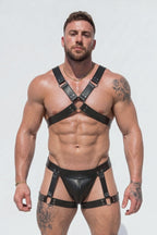 Joyglvoe Men's PU Leather Body Harness Set - Cyberpunk Rave Cross Chest Straps with Multi-Strap Thigh Rings 2-Piece Festival Outfits