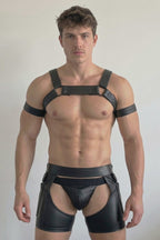 Stealth Shadow Men's PU Leather Harness with Armbands & Chaps-Style Shorts Set
