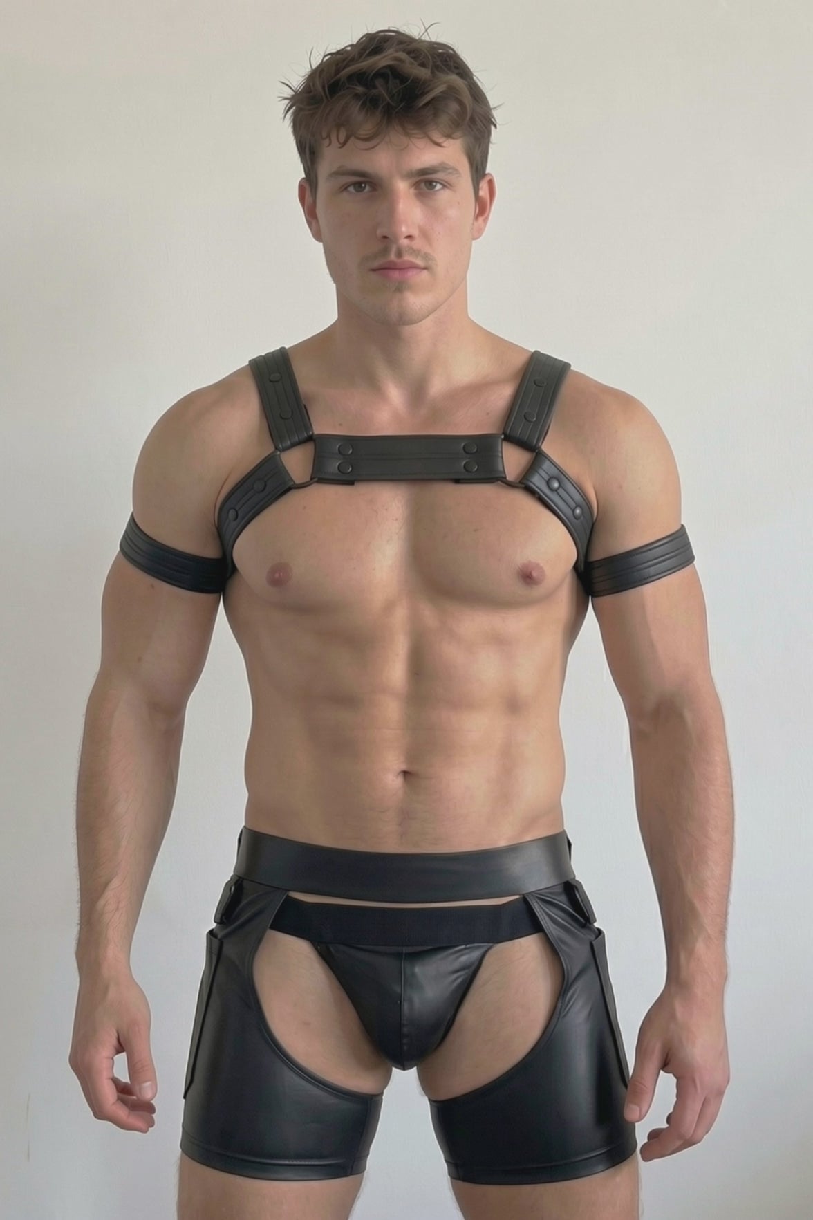 Stealth Shadow Men's PU Leather Harness with Armbands & Chaps-Style Shorts Set