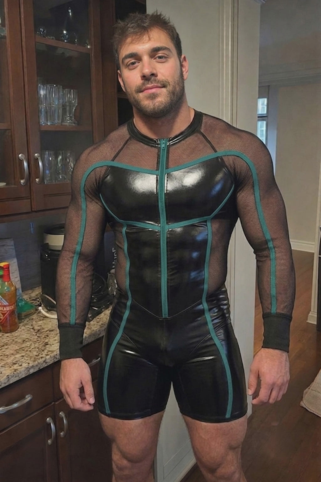 Men's PU Leather and Mesh Long-Sleeve Bodysuit - Teal Piping Front Zipper Jumpsuit Festival Rave Wear