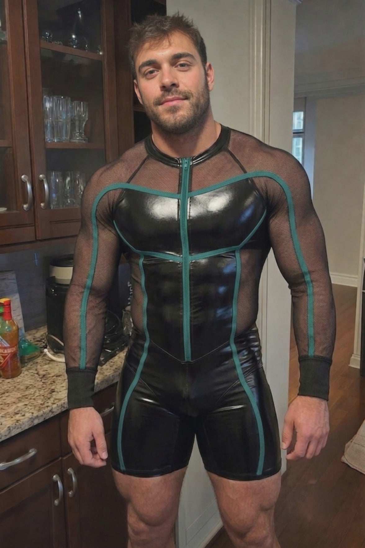 Men's PU Leather and Mesh Long-Sleeve Bodysuit - Teal Piping Front Zipper Jumpsuit Festival Rave Wear
