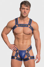 Men's PU Leather Body Harness Set - Cyberpunk Rave Chest Straps with Matching Multi-Strap Thong 2-Piece Festival Outfits
