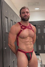 Joyglove Red & Black Elastic Webbing Harness Set — Geometric Chest Strap Structure + Jockstrap Design for Club & Fetish Wear