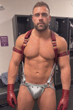 Vanguard Wine Red Men's Dual-Ring Chest Harness & Riveted Metallic Jock Set