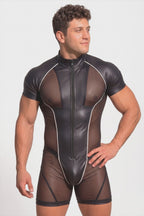 Men's Short Sleeve PU Leather Bodysuit - Front Zip Sheer Mesh Patchwork Mock Neck Jumpsuit Silver Piping Rave Festival Clubwear