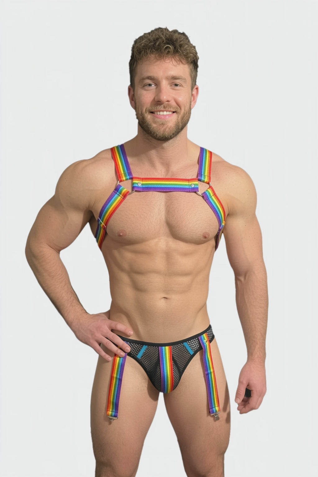 Neon Kinetic Men's Rainbow Strap Body Harness & Suspender Brief Set