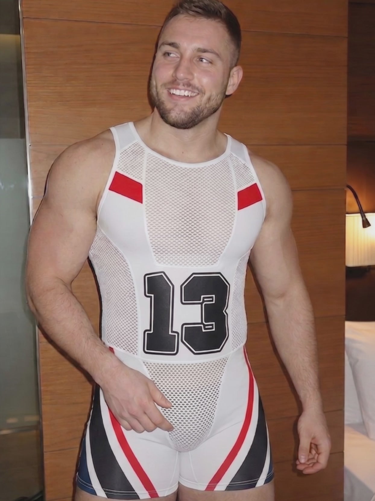 Men's Sexy Wrestling Singlet - Athletic Mesh Bodysuit Sports Supporter with Number 13 Print