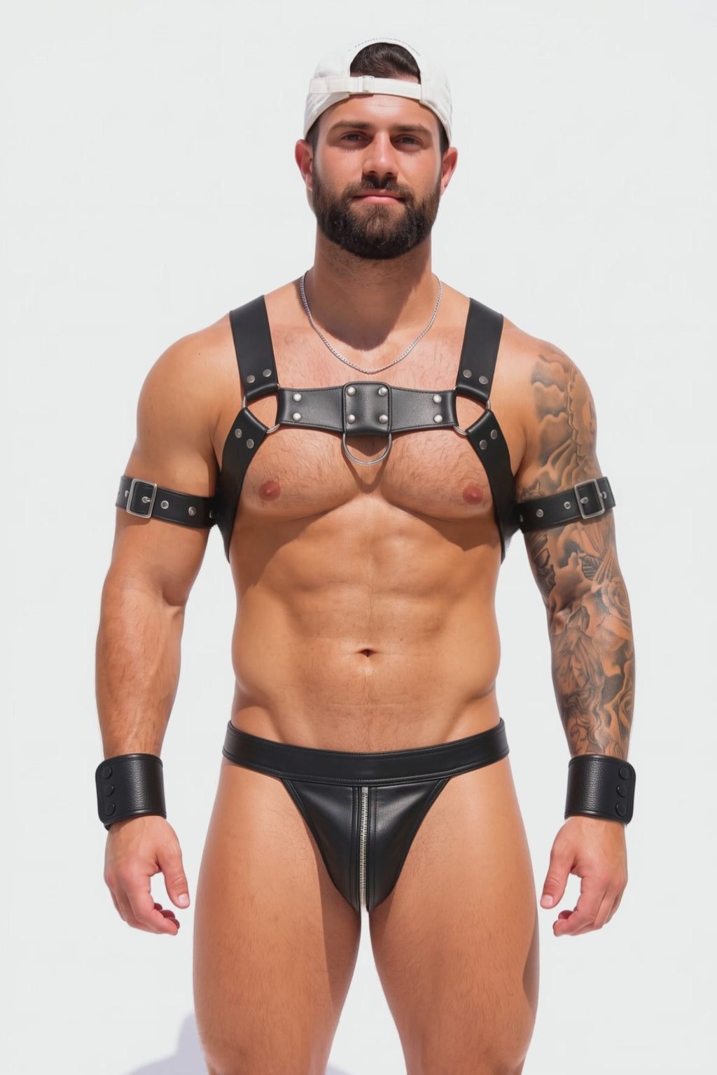 Joyglove Iron Command PU Leather Harness, Arm Bands, Wrist Cuffs & Zip Brief Set