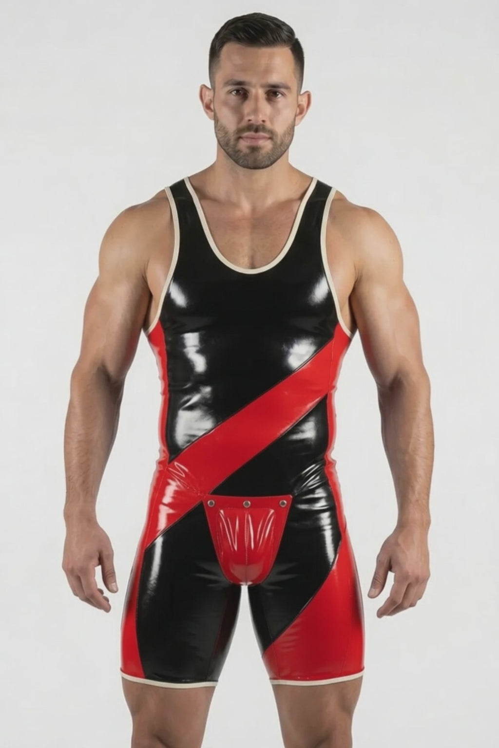 Joyglove Men's High-Gloss Patent Leather Colorblock Wrestling Singlet