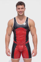 Men's PU Leather Red Color-Block Wrestling Singlet - Back Zipper Cut-Out Back Jumpsuit Festival Rave Wear