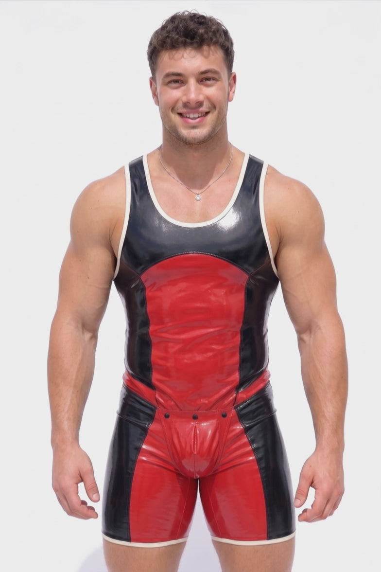 Men's PU Leather Red Color-Block Wrestling Singlet - Back Zipper Cut-Out Back Jumpsuit Festival Rave Wear
