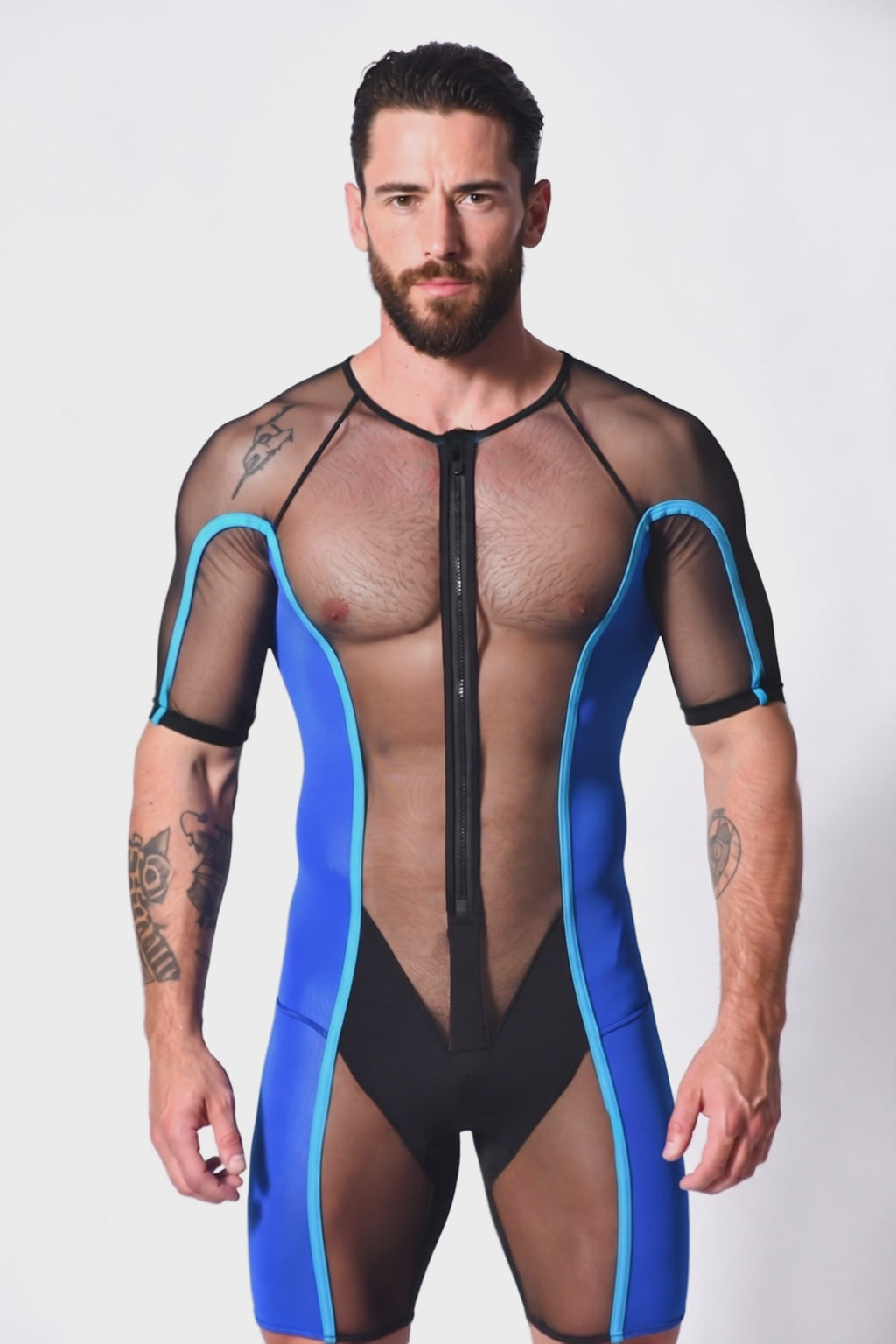 Cyber-Grid Men's Sheer Mesh Wrestling Singlet – Royal Blue Full-Zip Bodysuit