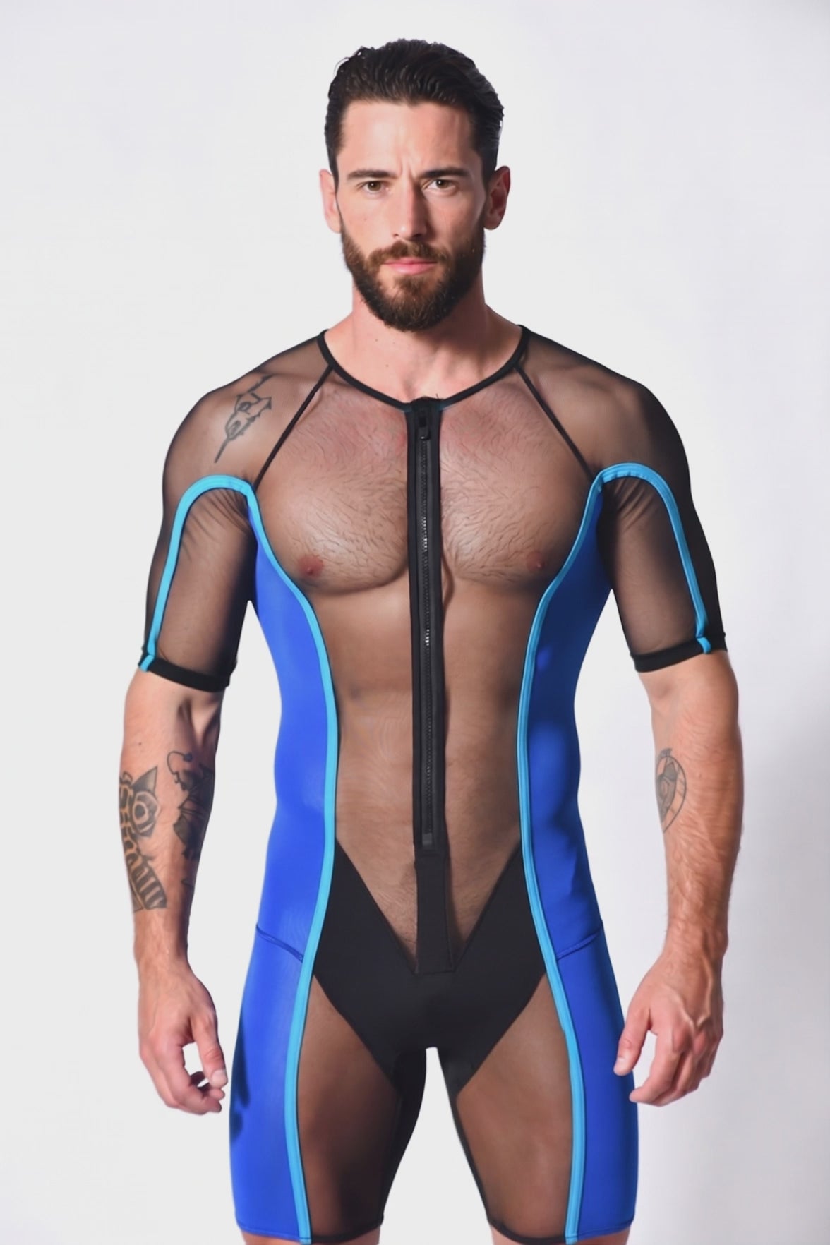 Cyber-Grid Men's Sheer Mesh Wrestling Singlet – Royal Blue Full-Zip Bodysuit
