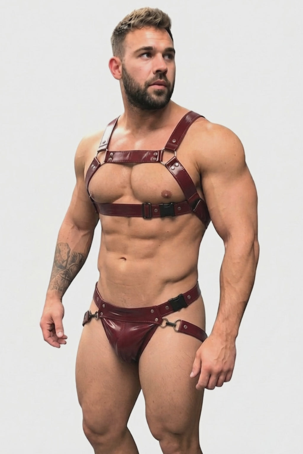 Joyglove Maroon Leather BDSM Harness Set for Men - Adjustable Chest Harness with Jockstrap