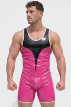 Joyglove Men's PU Leather Hot Pink & Black Wrestling Singlet - Athletic Jumpsuit Festival Rave Wear Body Shaper