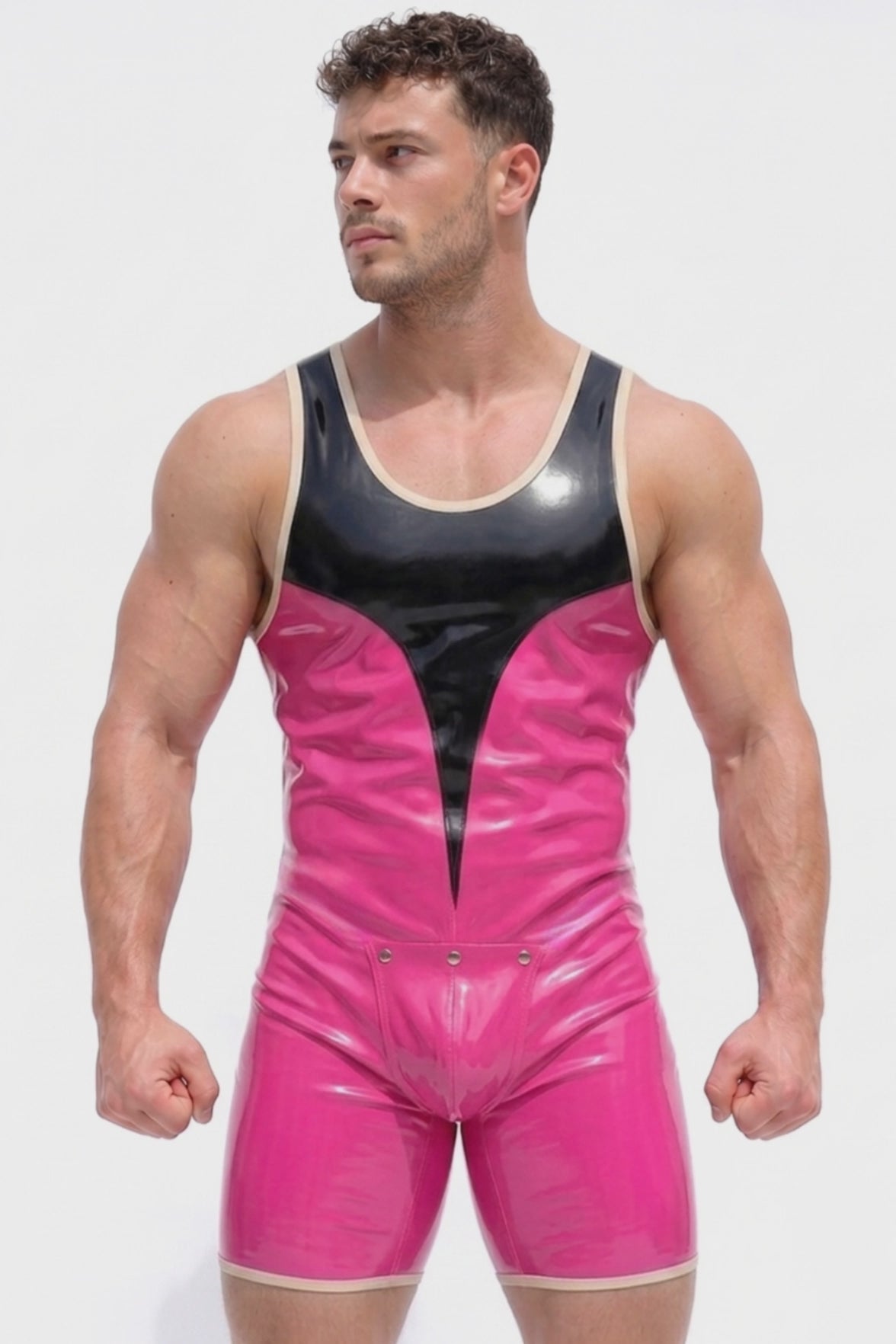 Joyglove Men's PU Leather Hot Pink & Black Wrestling Singlet - Athletic Jumpsuit Festival Rave Wear Body Shaper