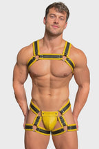 Men's PU Leather Body Harness Set - Cyberpunk Rave Chest Straps with Matching Multi-Strap Thong 2-Piece Festival Outfits