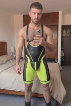 Men's Neon Yellow & Black PU Leather Wrestling Singlet with Breathable Mesh Panels