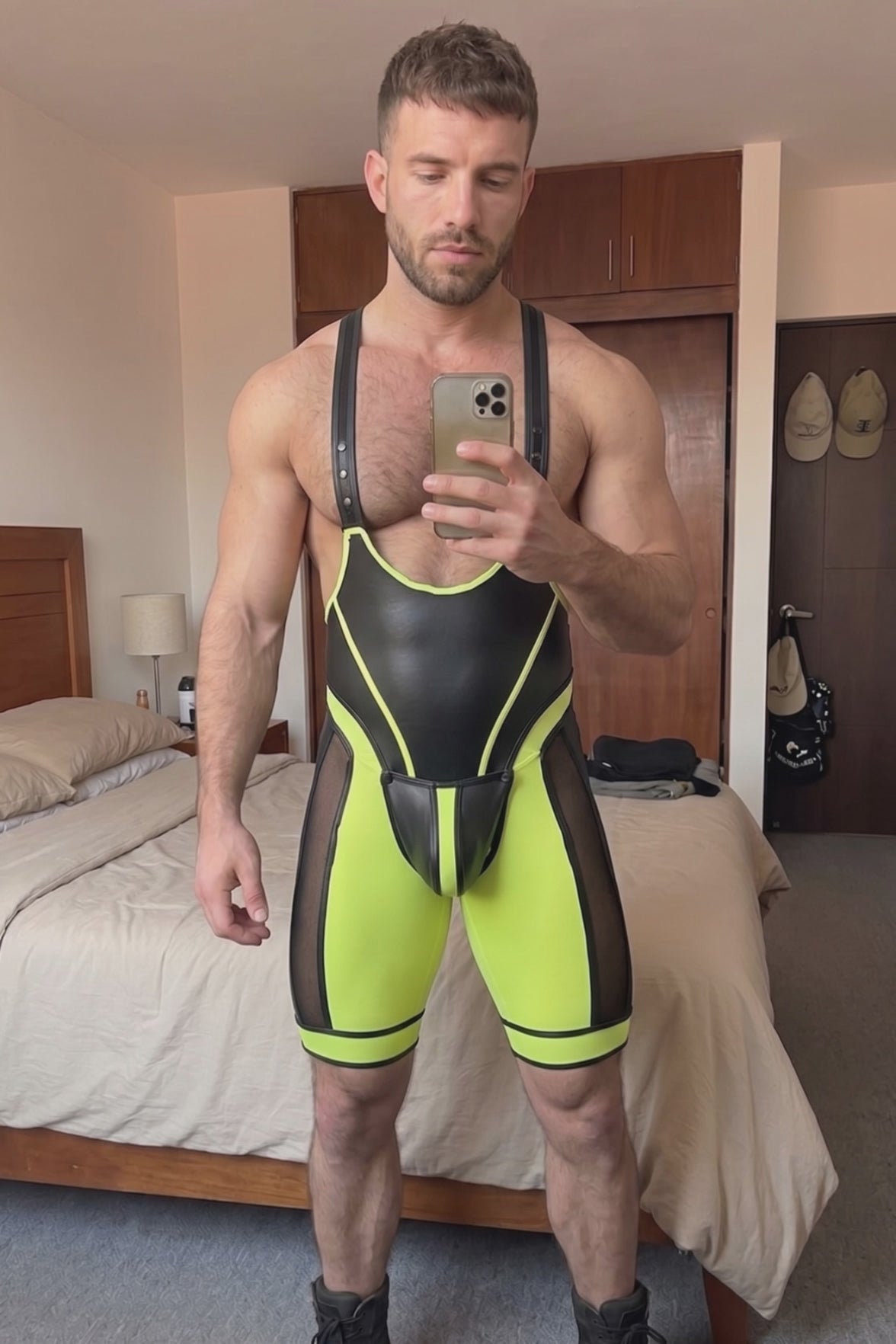 Men's Neon Yellow & Black PU Leather Wrestling Singlet with Breathable Mesh Panels