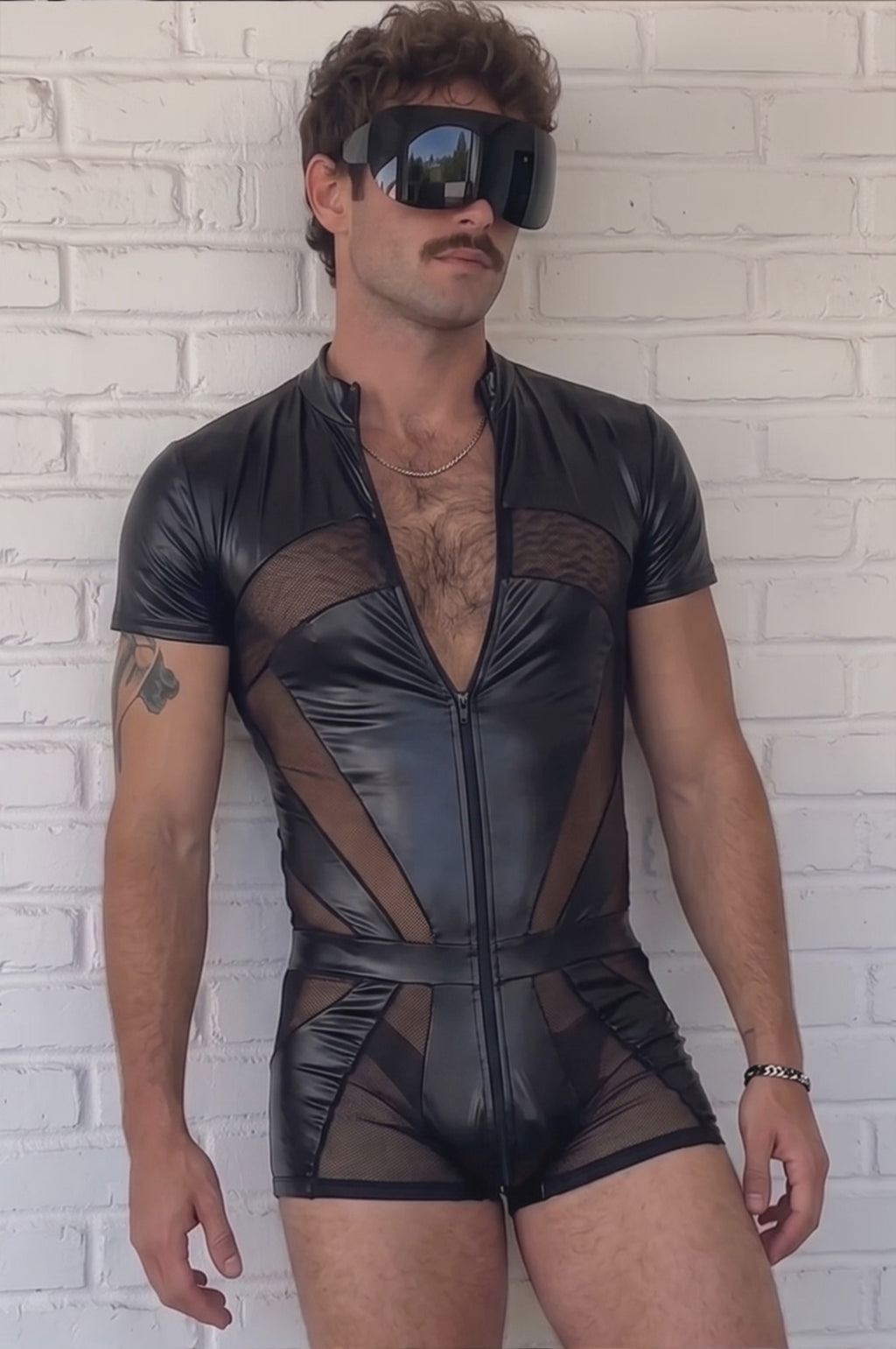 Men's Black Faux Leather Romper with Mesh Panels – Short Sleeve Zip-Up One-Piece Outfit