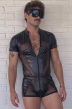 Men's Black Faux Leather Romper with Mesh Panels – Short Sleeve Zip-Up One-Piece Outfit