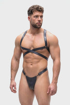 Joyglove Black Leather BDSM Harness Set for Men - Adjustable Chest Harness with Jockstrap