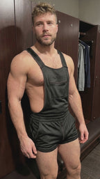 Joyglove Men's Black Mesh Open Side Harness Romper with Adjustable Straps and Zip Pockets