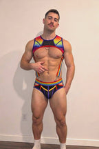 Men's Rainbow Pride Crop Top Harness & Briefs Set - Mesh Cut-Out Chest Guard with Detachable Suspenders