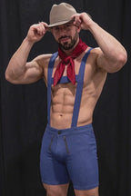 Joyglove Blue Stretch Fabric Harness Shorts Set — X-Back Suspender Structure + Contrast Styling for Club & Costume Wear