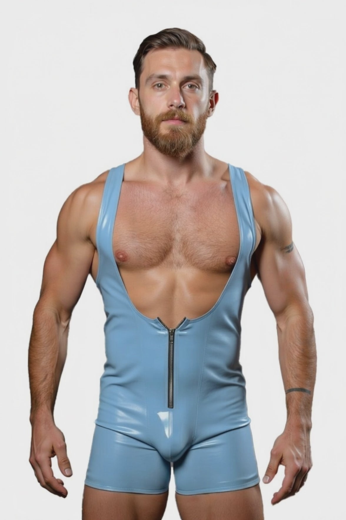 Men's Pink Faux Leather Deep V-Neck Zip-Up Bodysuit