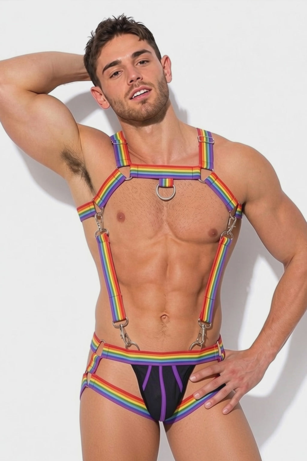 Men's Rainbow Pride Chest Harness & Jockstrap Set - Striped Body Cage with Detachable Metal Clips