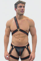 Joyglove Men's PU Leather Single-Shoulder Harness Set - Cyberpunk Black & Red Trim Asymmetrical Chest Harness with Garter Thigh Ring Jockstrap 2-Piece Rave Outfits