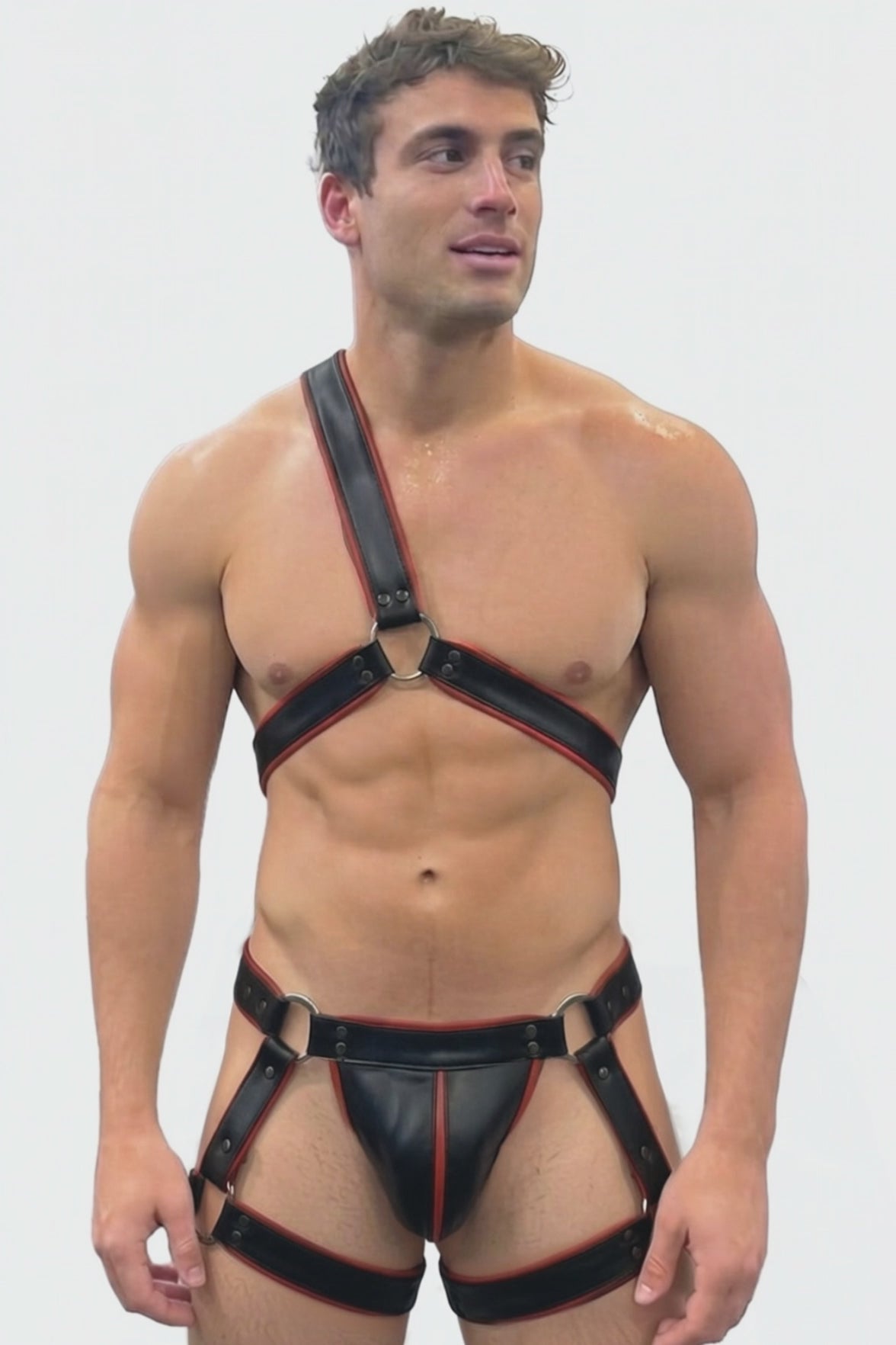 Joyglove Men's PU Leather Single-Shoulder Harness Set - Cyberpunk Black & Red Trim Asymmetrical Chest Harness with Garter Thigh Ring Jockstrap 2-Piece Rave Outfits