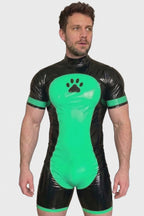 Men's Black & Neon Green High-Gloss PU Short-Sleeve Bodysuit