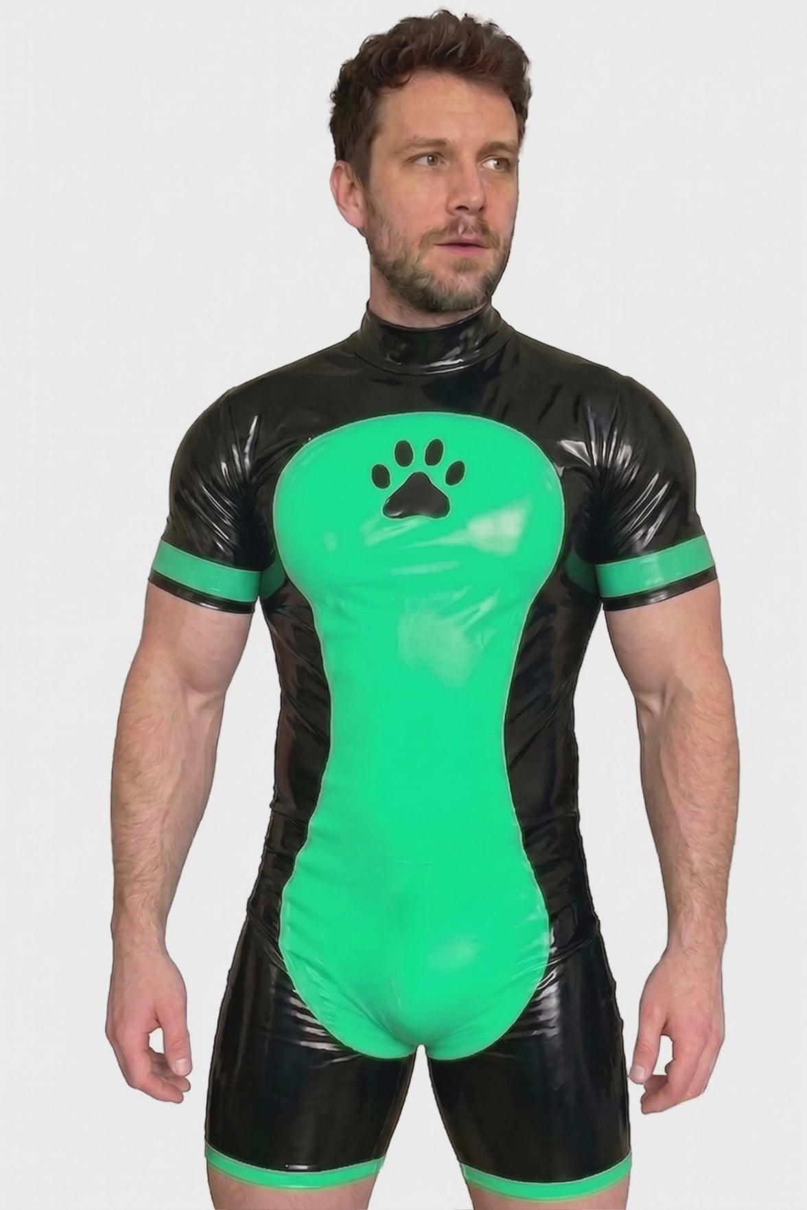 Men's Black & Neon Green High-Gloss PU Short-Sleeve Bodysuit