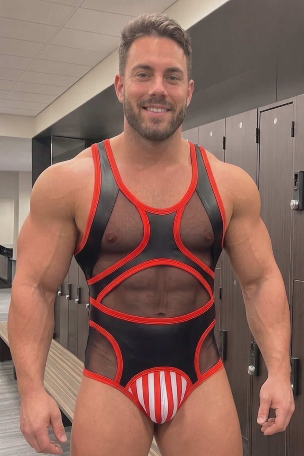 Men's High-Shine PU Leather Bodysuit Singlet - Black Mesh Mesh Patchwork Rave Wrestling Leotard Red Piping Festival Clubwear（副本）