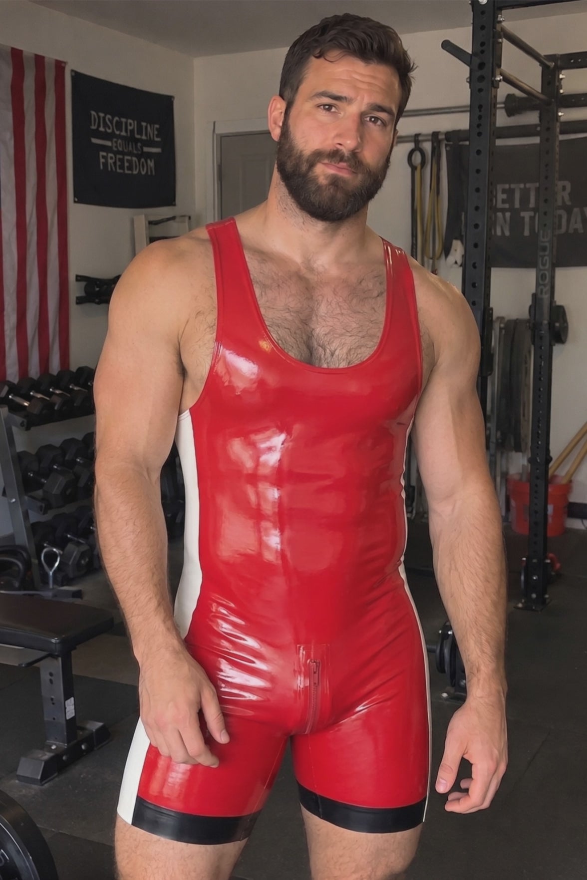 Joy-lgbt Men's Red PU Leather Harness Style Sleeveless Bodysuit with Zipper Design